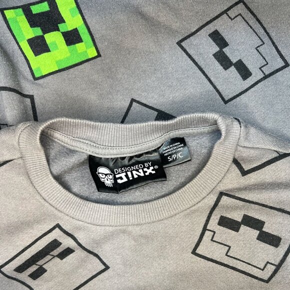 Jinx X Minecraft Creeper & Mob Pattern Kids Sweater - Gray & Green Graphic Desig - Picture 5 of 6